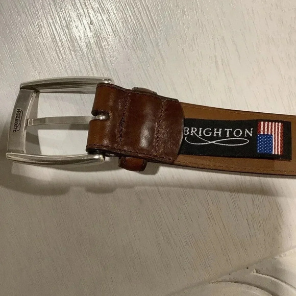 Brighton Mens Dress Belt Leather Brown Silver America Made 46 Classic Simple - Picture 2 of 10